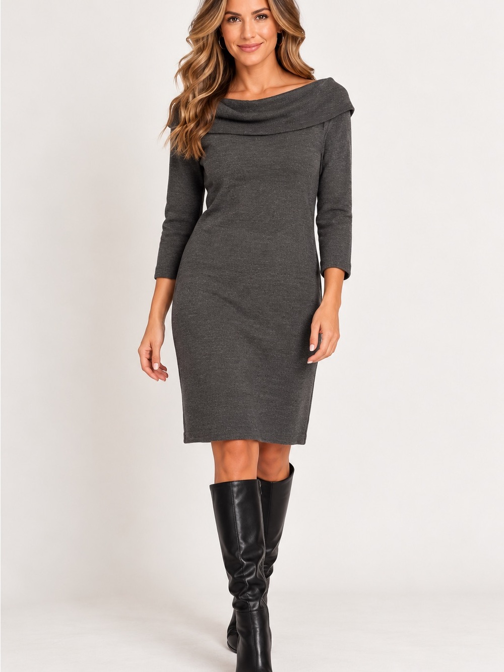 Lemme for Nina Leonard Dark Gray Cowl Neck Sweater Dress Size Medium